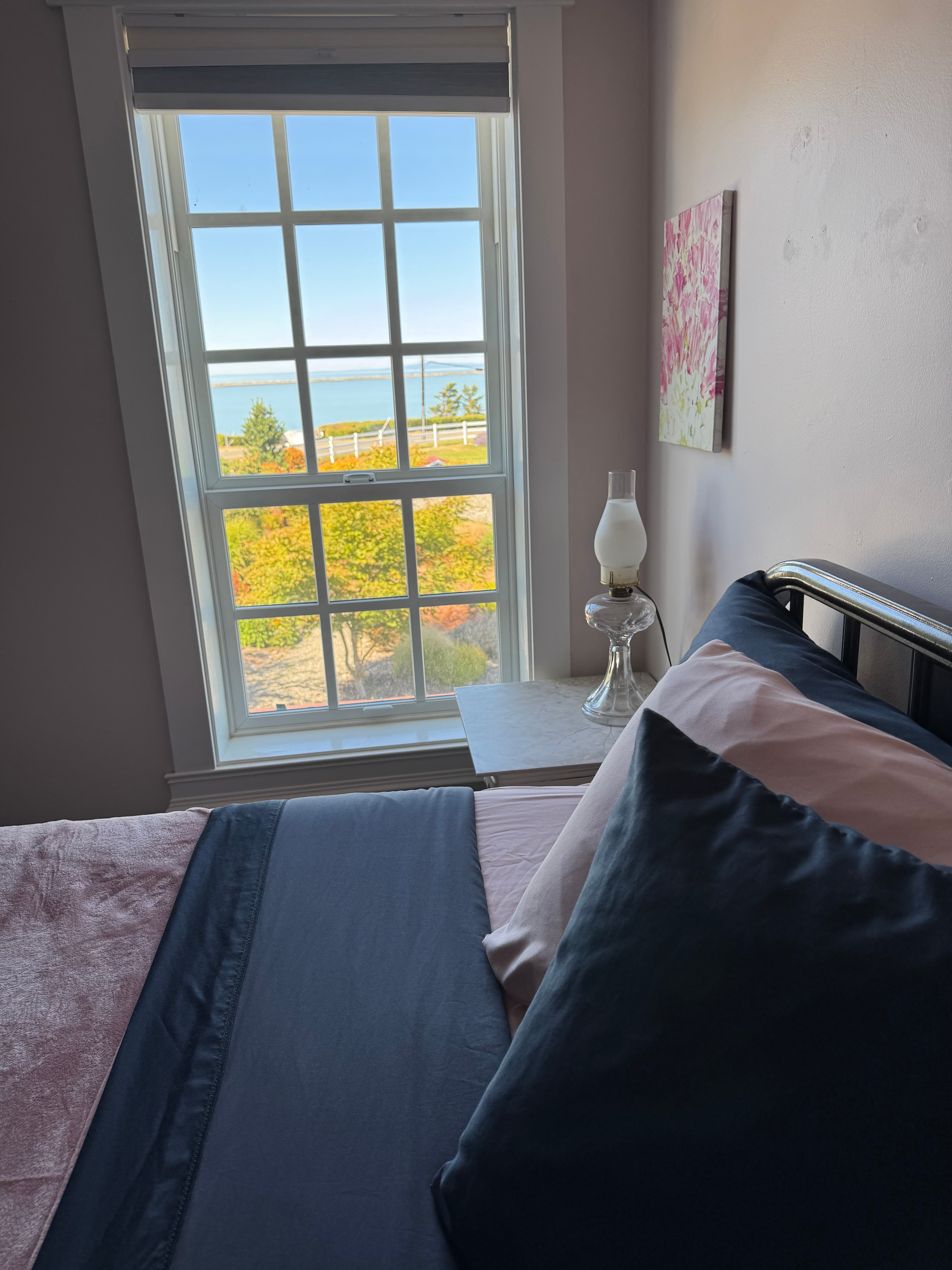 A cozy bedroom nook with a black metal bed frame and pink linens, featuring a white-framed window that looks out onto a green field and the blue water of the Strait beyond.