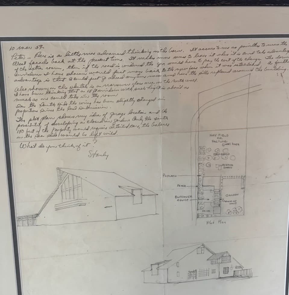A hand-drawn architectural sketch of a house with accompanying handwritten notes discussing design ideas and plans.