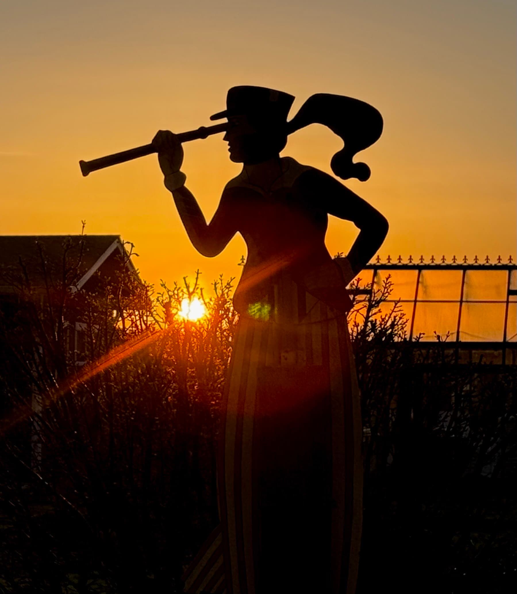 A silhouetted figure holding a telescope against a vibrant sunset.